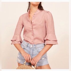 Reformation Bloom Linen Shirt Dusty Rose Ruffle Sleeve Blouse
